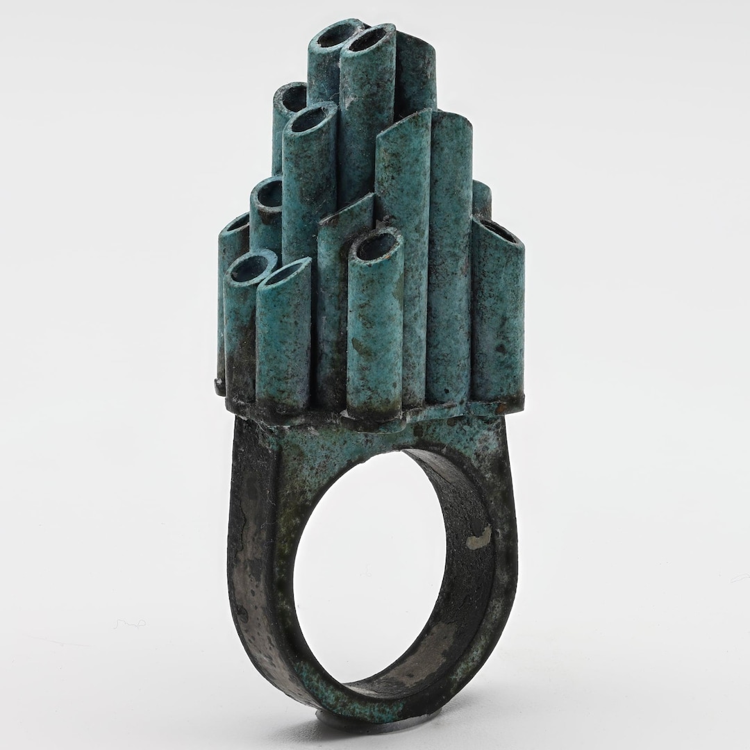 Organ Pipe Ring with a clustered verdigris copper form on sterling silver.